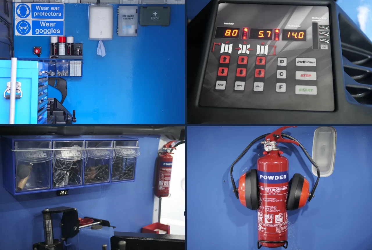 Inside a Fastrack Tyres van: wheel balancer, parts stock and full safety equipment