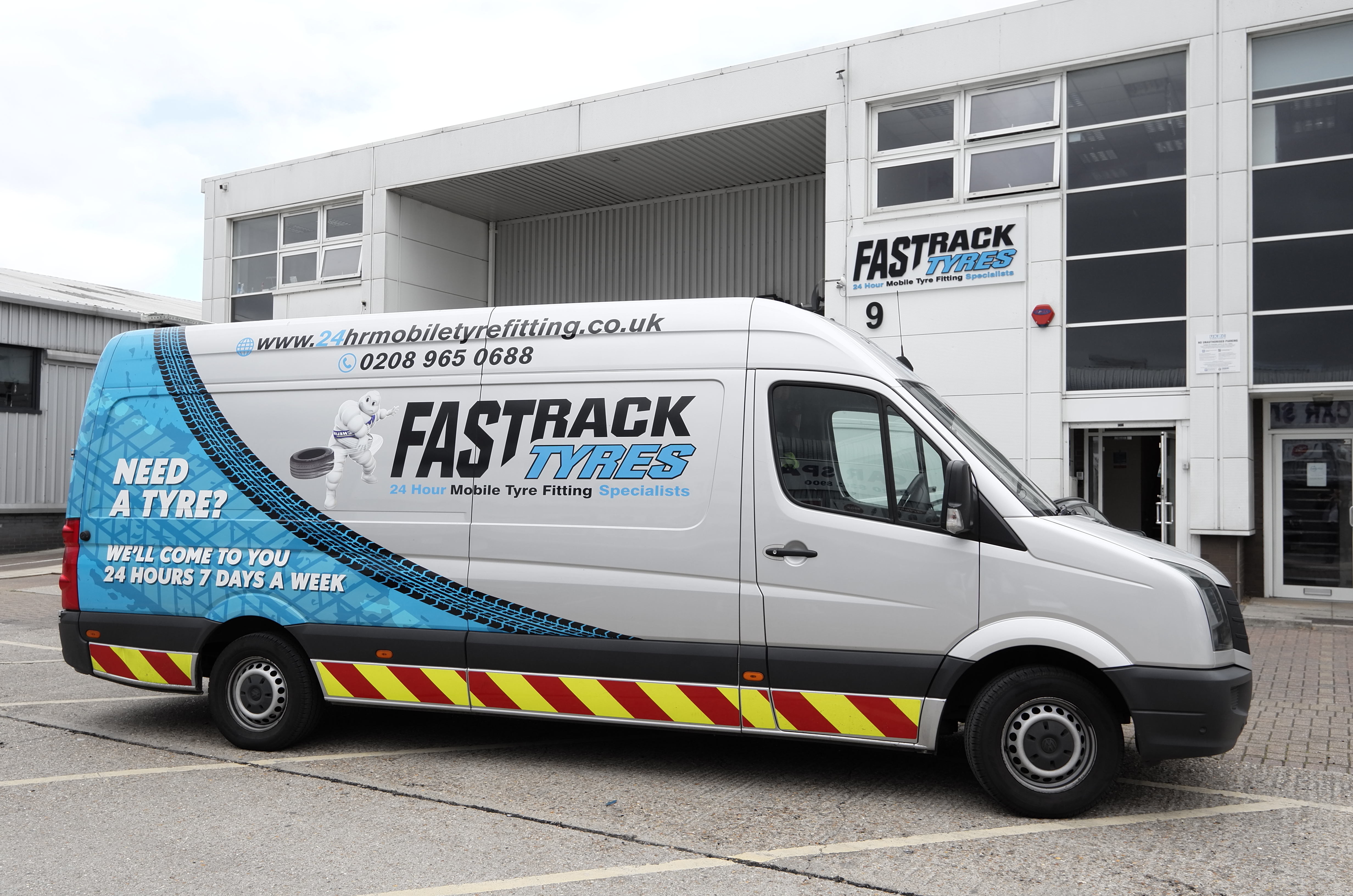 A Fastrack Tyres mobile fitting van loaded with brand-new tyre stock at the London depot
